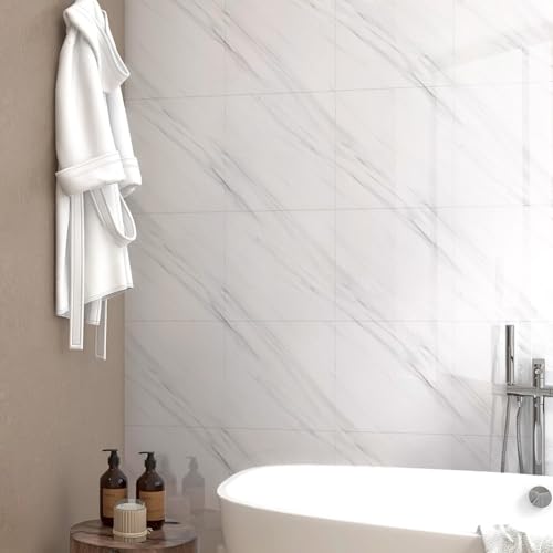 Chejiaye Peel and Stick Marble Wall Panels 11.8"x11.8"- Waterproof Self-Adhesive for Interior Wall Decor,PVC Foam Backsplash Tile for Kitchen (Not Real Tile) (White, 11.8"x11.8"x0.08"in-Thin)