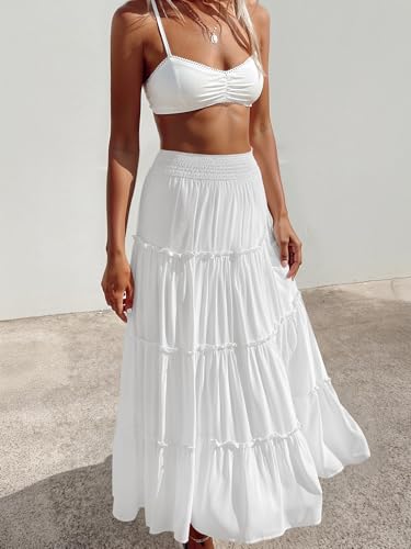 Women’s Summer Boho Maxi Skirts Smocked High Wasited Flowy Tiered Ruffle A Line Long Beach Skirt3