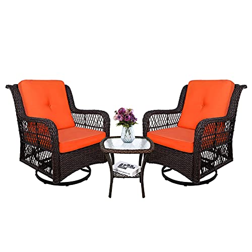 Meetwarm 3-Piece Patio Wicker Conversation Bistro Set Cushioned, Outdoor Swivel Rocking Chairs Rattan Furniture Sets With Thickened Cushion And Glass-Top Coffee Table (Orange) #TOP14