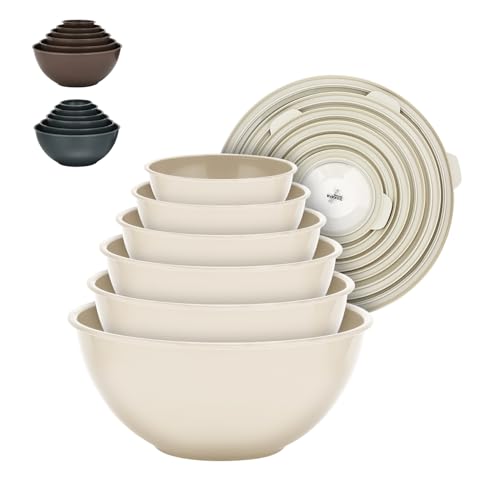 12 Piece Plastic Nesting Bowls with Lids - Mixing Bowls Set includes 6 Prep Bowls and 6 Lids, BPA-Free, Reusable Meal Prep Containers, Microwave, Freezer & Dishwasher Safe, White Cream