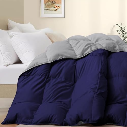 Image of 500 GSM Winter Blanket /Comforter Double Bed Size (90 inchX100 inch) - Unique Design Heavy Winter Comforter 500 GSM Microfiber Fill -Rajai Double Bed - Navy Blue /Silver Grey Color