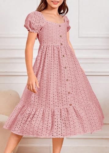 Hosika Girls Dresses Vintage Embroidery Eyelet High Waist A Line Wedding Dress For Kids 6-13 Years Pink thumb #6