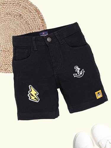 Image of KiddoPanti Boys Knee-Length Denim Shorts | Stretchable Cotton Poly Denim | Comfortable Fit with Button Elasticated Waistband & Zip Fly