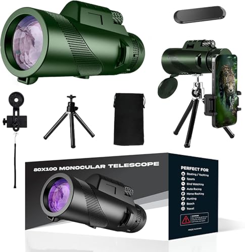 Telescópio monocular de alta potência 80 x 100 – Monóculo HD com adaptador para smartphone, tripé e