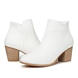 SHIBEVER Women's Ankle Boots Low Heel Short Fall Booties White Size 8 Pointed Toe Side Zipper Boot for Women