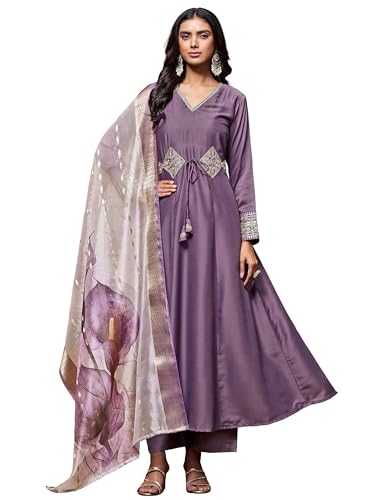 Image of EthnicJunction Women's Cotton Silk Embroidered Anarkali Kurta Palazzo with Digital Print Dupatta Set