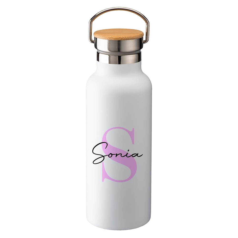 Genérico Botella térmica personalizada inicial y nombre 500 ml bambú, acero inox