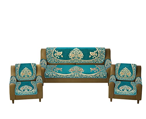 Image of Velvet Sofa Cover with Arm Covers Set of 5 Seater - Premium Sofa Covers 3 Seater and 2 Seater Full Cover Set for Couch Seat - Heavy Fabric Sofa Slip Back Protector, 2701 Aqua