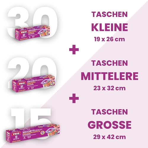 FRIO Gefrierbeutel mit Zip 65 Stück 3 Größen (S/M/L, 2/4/6 L), luftdicht, wiederverwendbar mit doppeltem Zip-Verschluss & vorgedrucktem Etikett, robuste Beutel für Lebensmittel Gefrierschrank & Vorrat