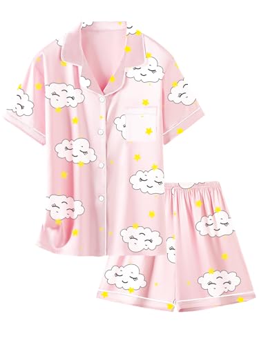 Image of Schbbbta Girls Womens Pajamas, Satin Silky Pjs Set Kids 2Pcs Button-Down Nightwear Sleepwear Gift for Mommy and me