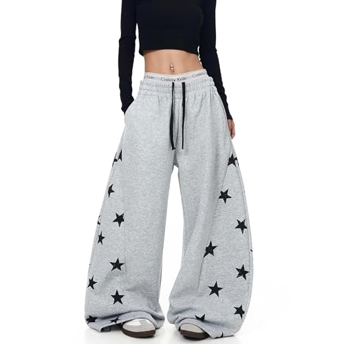 CME SHOWU Women Y2k Wide Leg Baggy Sweatpants Streetwear Star Printed Drawstring Pants (Grey,S) by CME SHOWU - Used condition - US$20.44