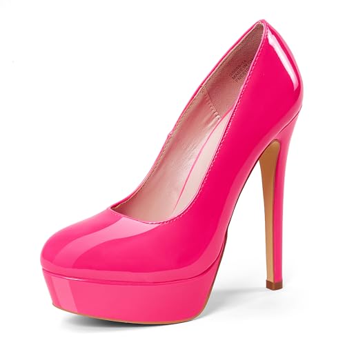 GENSHUO Escarpins Femme à Talon Aiguille Plateforme Bout Rond 14 CM Chaussures de Soirée Sexy Élégantes, Rose Fluo, 38 EU