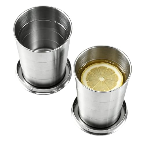 Generisch Juego de 2 vasos de viaje plegables de acero inoxidable con llavero, taza de café de 250 ml y vaso para bebidas calientes, para exteriores, senderismo, pesca, viaje por carretera, picnic