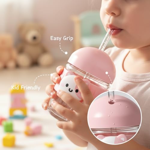 Image of Kamvy Glass Tumbler with Lids and Straw Pack of 1, Elegant Coffee Mug Sipper Bottle,Glass Drinking Cup Mason for Juice, Milk, Cold & Hot Drinks Kids Mug (Simba)