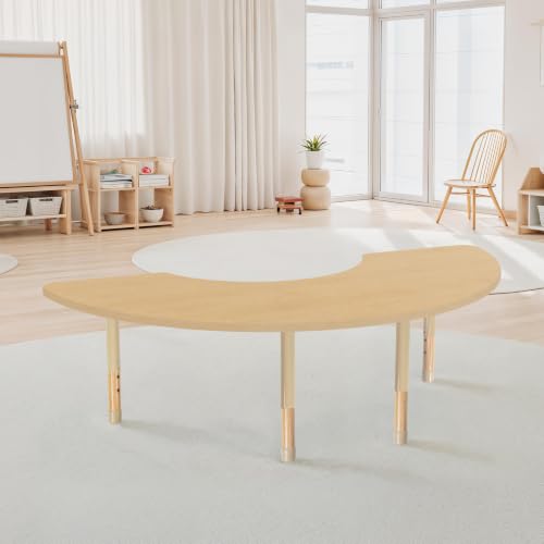 Image of Factory Direct Partners 36 inch x 72 inch Half Moon Kids Classroom Table with Adjustable Chunky Wood Legs