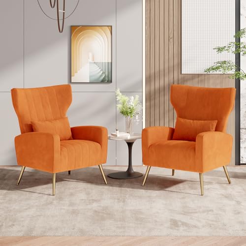 Nalupatio Velvet Accent Chairs Set of 2 Modern High Back Armchair Arm Chair with Lumbar Pillow, High Back Upholstered Single Sofa Chair with Gold Metal Legs for Bedroom,Orange