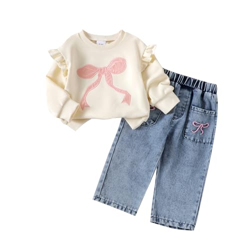 Geogenry Toddler Baby Girl Clothes Fall Spring Outfit Bow Print Long Sleeve Sweatshirt Pullover Tops Denim Jeans Pants Set (Khaki 6-9 Months)