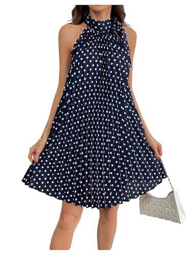 Image of MakeMeChic Women's Polka Dots Halter Dress Tie Sleeveless Pleated A Line Flare Mini Dresses Light Blue X-Large