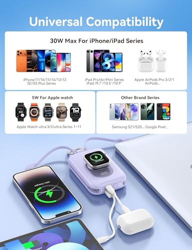 Image of RORRY CharmGo Portable Charger, 20000mAh PD 30W Portable Charger Power Bank with 2 Built-in Cables, Fast Charging Battery Pack with Keychain, Travel Essentials for iPhone, Apple Watch, iPad, Coral