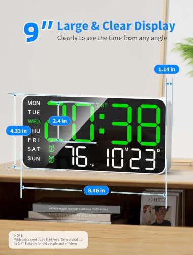 Image of DRUCILA 9''Large Digital Wall Clock, Led Alarm Clock with Big Digits, Date, Temperature, DST, Modern Decor Design for Desk,5-Level Brightness for Room, Bedroom, Gift, USB Powered Yougster and Elderly.
