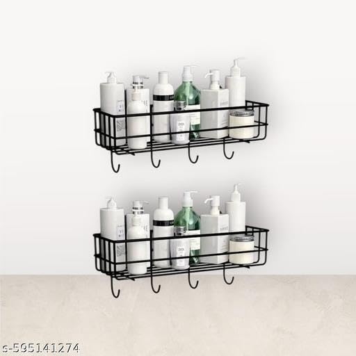 (Pack of 2) Steel Self-Adhesive Multipurpose Bathroom Shelf with Hooks/Towel Holder/Rack/Bathroom Accessories - Wall Mount - Pack of 2 (Black,Powder Coated)|BHR-P2427 1