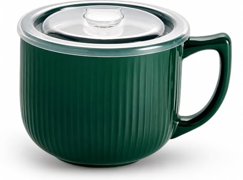 Ceramic Soup Bowl with Handle & Lid, 32oz Microwave Ramen Bowl Forest Green