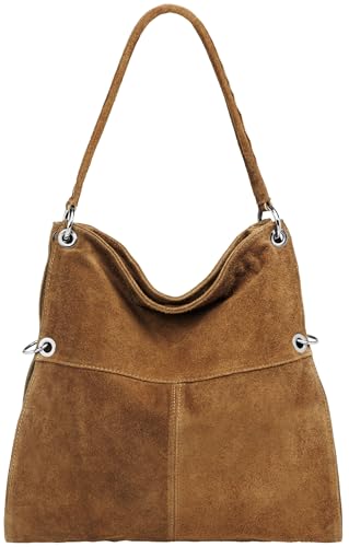 Caspar Große Vintage Leder Schultertasche Damen Handtasche aus weichem Wildleder - PREMIUM LINE - Modell No.805 - Made in Italy, Farbe:Karamell Braun, Größe:One Size