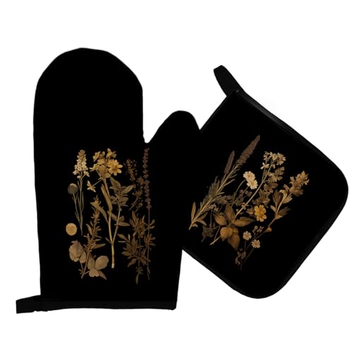 Qeheb Vintage Floral Oven Mitts and Pot Holders Sets, Dark Academia Botanical Oven Mitts, Flower...