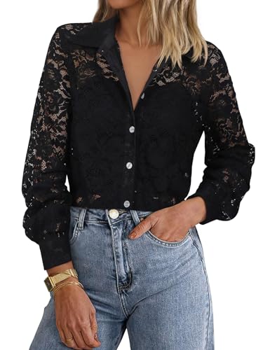 Angashion Women Dressy Casual Tops Long Sleeve Lace Button Up Shirts V Neck Trendy Tunic Loose Blouses Black Small