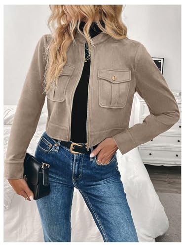 GORGLITTER Women's Zip Up Crop Jacket Faux Suede Long Sleeve Cropped Cargo Jacket Outerwear Trendy Jackets 20254