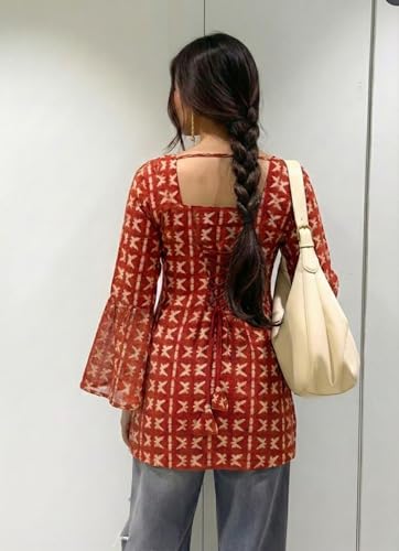 Image of ANNI Designer Women's Viscose Blend Printed Short Kurti | Straight Fit Casual Ethnic Top | Square Neck Full Sleeve Kurta Office College