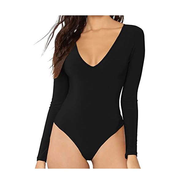 Womens-V-Neck-Long-Sleeve-Tops-Basic-Bodysuit-Jumpsuit MANGDIUP Women's V-Neck Long Sleeve Tops Basic Bodysuit Jumpsuit (Black. M)
