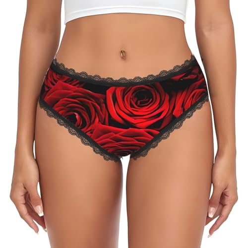 LMNvbz Bragas de encaje con estampado de flores rojas para mujer, suaves, transpirables, cobertura completa, elásticos, para un uso diario cómodo, Negro, L