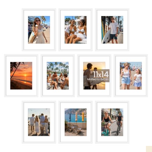 Image of upsimples 11x14 Picture Frame Set of 10, Display Pictures 8x10 with Mat or 11x14 Without, Multi Photo Frames Collage for Wall Display, White