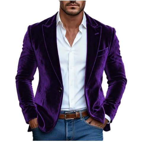 Mens Soft Velvet Suit Blazer Button Christmas Velvet Jacket Prom Tuxedo Warm Blazer for Winter Wedding Party Purple 3XL