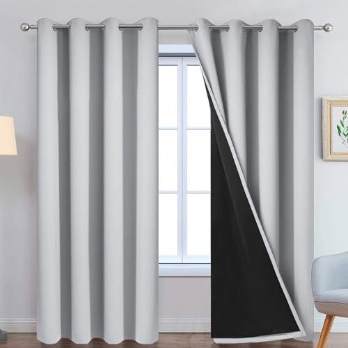 Image of Yakamok Light Grey 100% Blackout Curtains 90 Inches Long 52 inch Wide 2 Panel | Blackout Curtain Panels for Bedroom, 2 Thick Layers Grommet Top Thermal Insulated Drapes with Black Liner for Living Room
