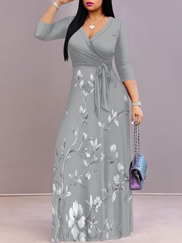 Image of PinkPatty Women's Long Sleeve Maxi Dress Plus Size Trendy Wedding Guest Wrap Dress with Pockets&Belt