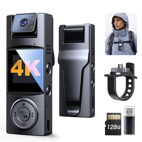 BOBLOV Body Camera with 180°Rotatable Lens, 4K/48MP Small Body Camera, Night Vision Function, Easy to Use and Take for Lecture, Traveling, Pet Walking and Outdoors Activities (4K-128GB)