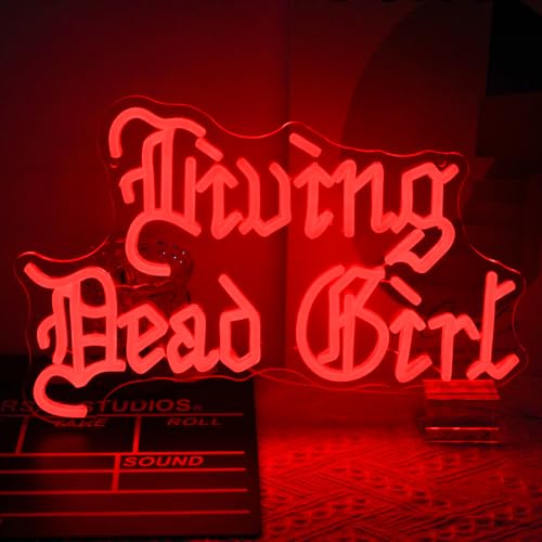 Image of Living Dead Girl Neon Sign Gothic Scary LED Light for Room Halloween Decor | Dimmable Phrase Neon Light Up Sign, Acrylic Red Letter LED Sign, Old English Font Word Neon Light, Bedroom Horror Party Decor