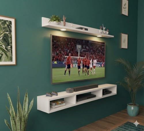 Image of Bros Moon Wall Mounted TV Cabinet, Frosty White, Modern Style, Laminated Finish, for Living Room, Suits TV up to 42 Inches (Frosty White, Parallel Rooftop, 32 Inches with Light)