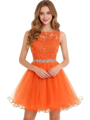 Image of Dydsz Women's Lace Applique Short Prom Dress A Line Tulle Homecoming Dresses Beaded Mini Graduation Party Dress