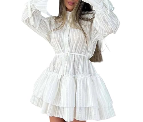 Women‘s White Lace-Up Neck Long Sleeve Dress Loose Pleated Mini