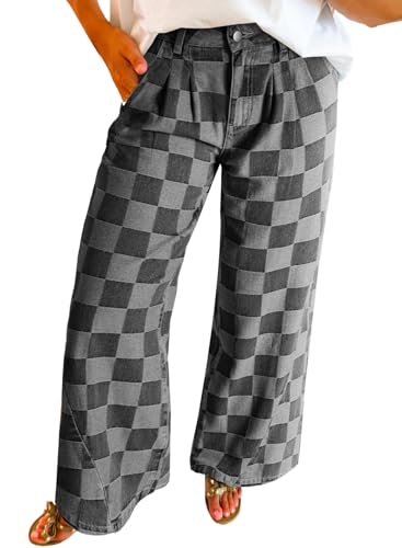 Womens Plaid Print Baggy Wide Leg Jeans High Waisted Straight Leg Denim Pants Chessboard Pattern Jeans