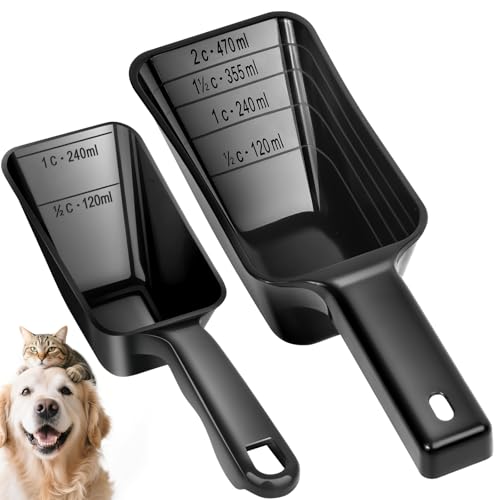 GNEOCO 2 Pack Dog Food Scoop with 1 Cup and 2 Cup Capacity Plastic Pet Food Measuring Scoops with Clear Measurement Lines for Dogs Cats & More Dishwasher safe (Black)