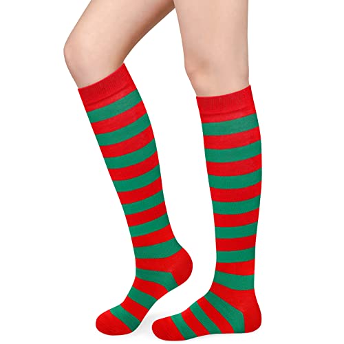 Red Christmas Knee High Socks Women Striped Sock Elf Costumes Christmas Sock Women Red and Green Striped Knee High Socks