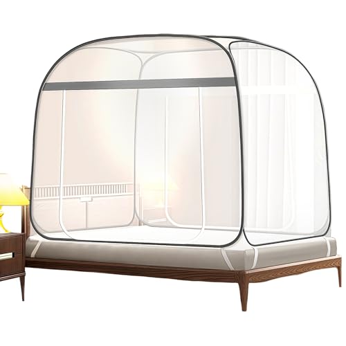 BDHD 蚊帳 テント式 ワンタッチ 折りたたみ式 モンゴル風 四角型 スチールワイヤー ダブルファスナー付き 床付き 高密度 虫除け ムカデ対策 室内用 アウトドア兼用 (グレー,120*200*145cm)