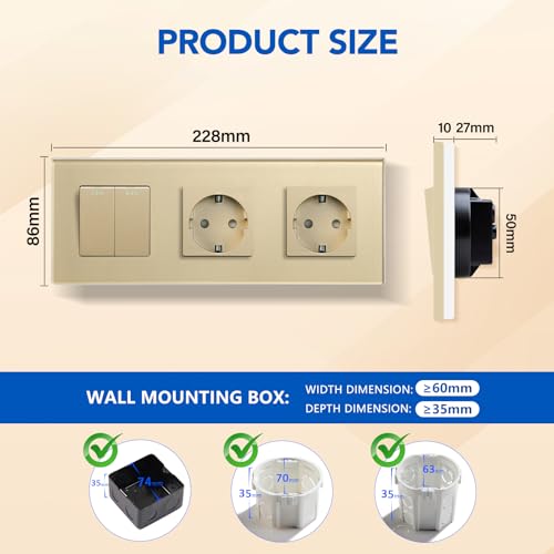 BSSED Lichtschalter Mit Doppelt Steckdose 2 Fach 1 Weg - 10A Kristall Glas Platte Wandschalter Mit 16A Schuko Steckdose Gold - Physische Taste Schalter 228mm
