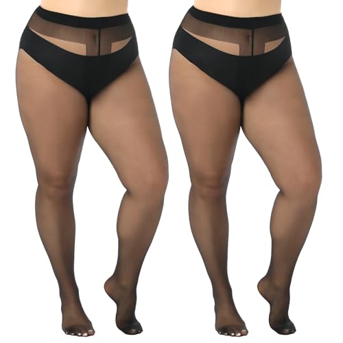 WiliW 2 Pairs Plus Size Sheer Tights for Women 20D Ultra Thin T-Crotch High Waist Pantyhose Stockings