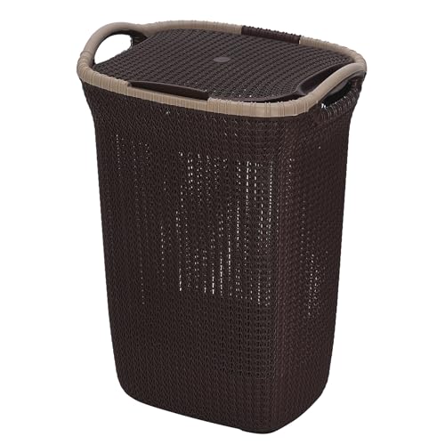 Image of Plastic Laundry Basket with Lid | 60L Extra Large Knit Hamper | Strong & Durable | Ideal for Bathroom, Bedroom & Kids Room | Multipurpose Cloth Storage Organiser | 36 x 46 x 61 cm | Weather Brown