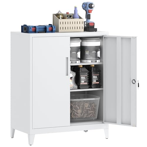 HOMSTEEL Armario metálico, Armario de Garaje de 2 Estantes con Cerradura, de Oficina con Estantes Ajustables, para Oficina, Garaje y Lavadero, 40 x 80 x 100 cm, Blanco